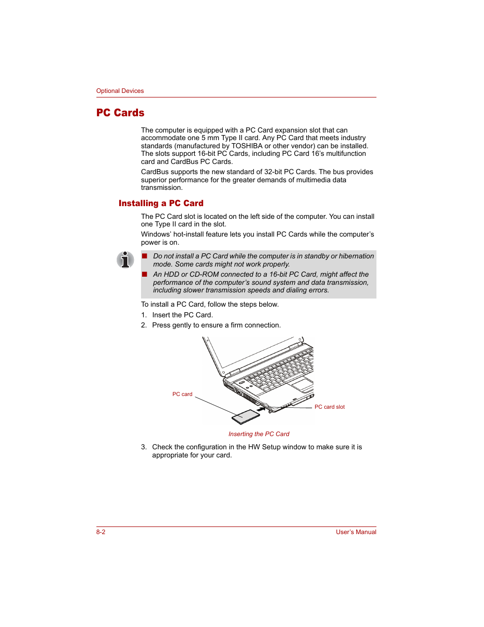 Pc cards, Installing a pc card, Pc cards -2 | Installing a pc card -2 | Toshiba Tecra A4 (PTA40) User Manual | Page 136 / 204