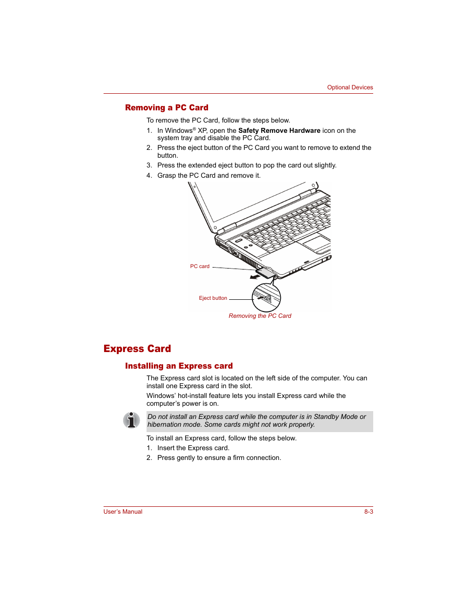 Removing a pc card, Express card, Installing an express card | Removing a pc card -3, Express card -3, Installing an express card -3 | Toshiba Tecra A4 (PTA40) User Manual | Page 137 / 204