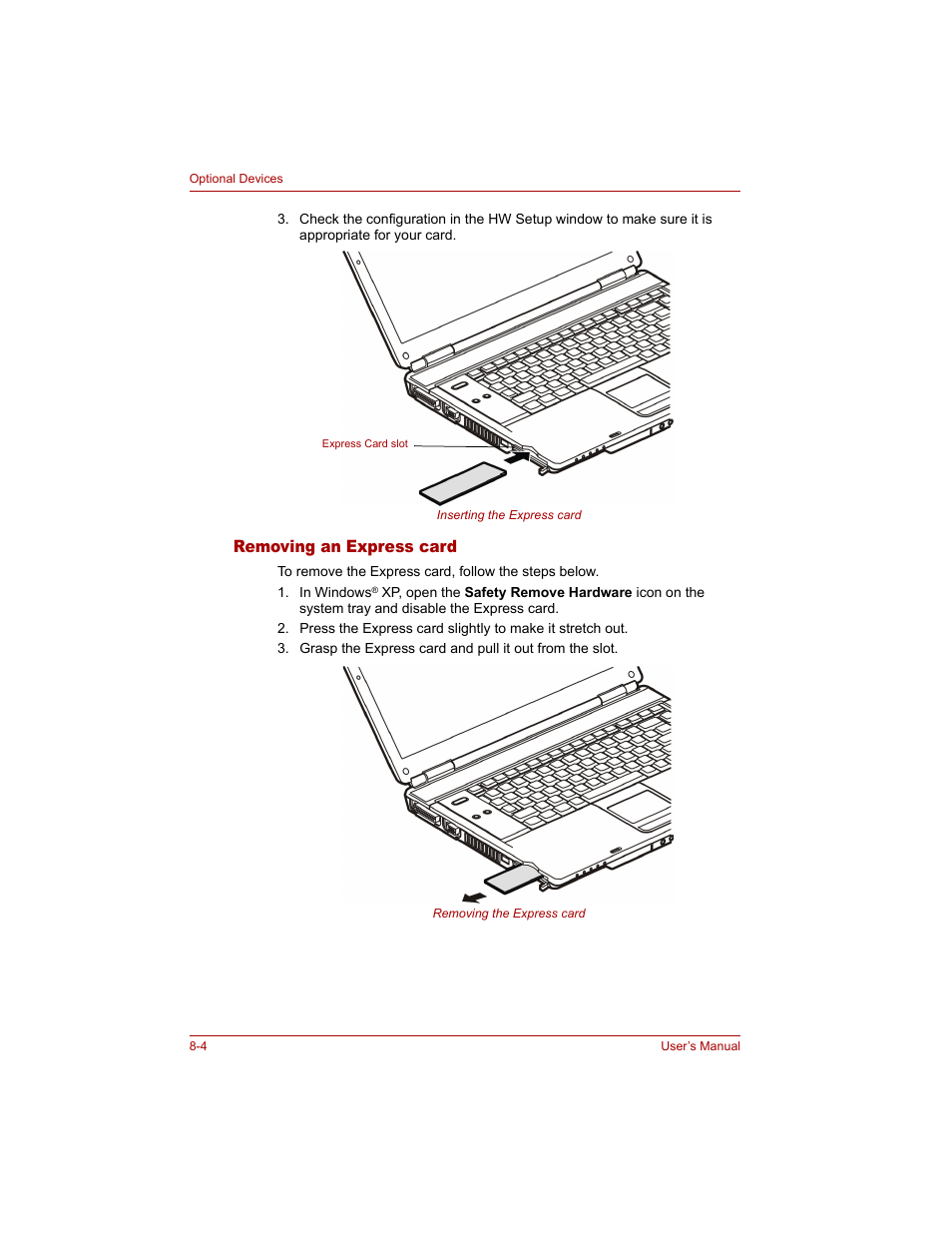 Removing an express card, Removing an express card -4 | Toshiba Tecra A4 (PTA40) User Manual | Page 138 / 204