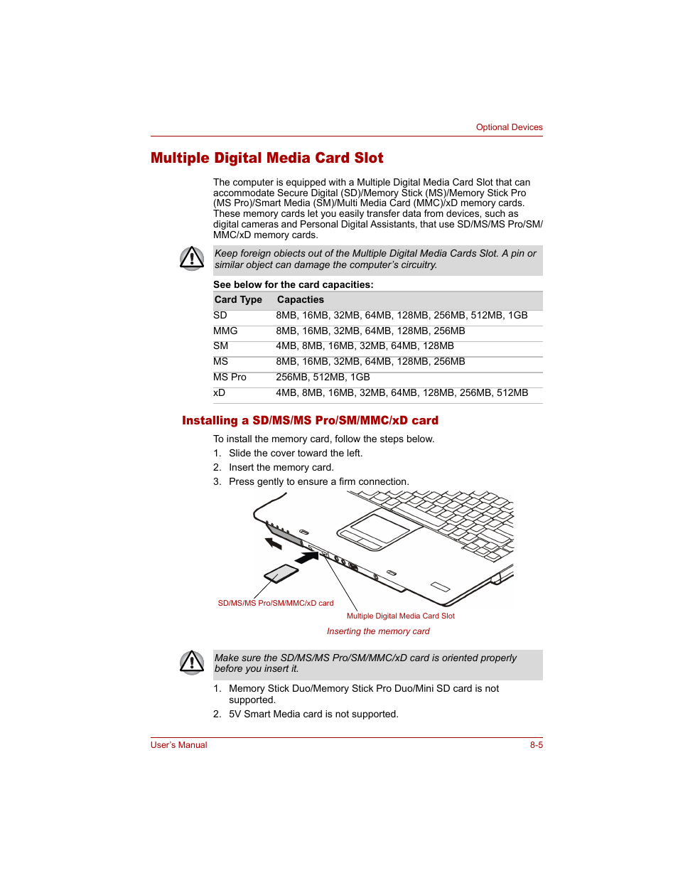 Multiple digital media card slot, Installing a sd/ms/ms pro/sm/mmc/xd card, Multiple digital media card slot -5 | Installing a sd/ms/ms pro/sm/mmc/xd card -5 | Toshiba Tecra A4 (PTA40) User Manual | Page 139 / 204