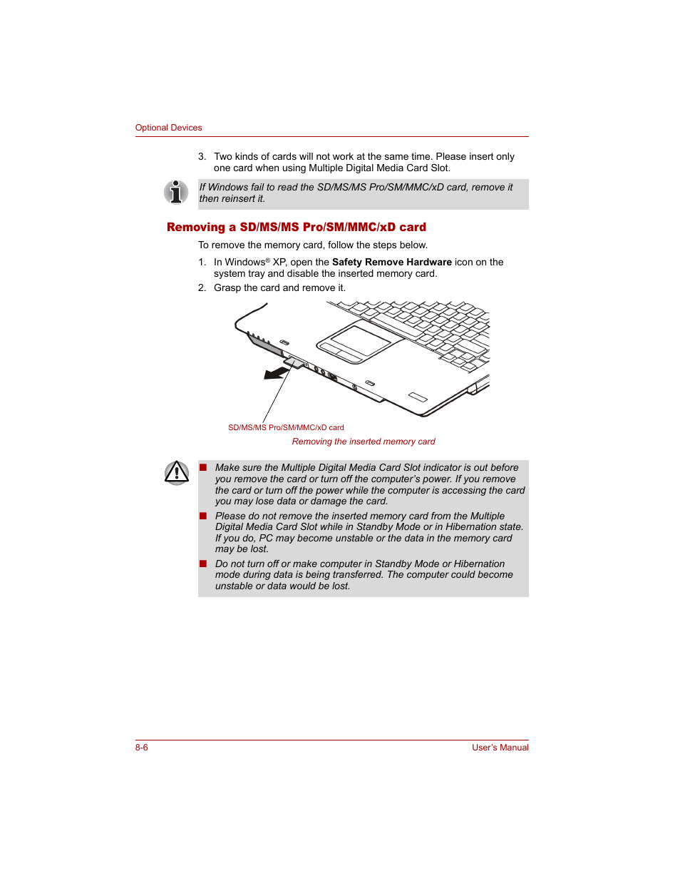 Removing a sd/ms/ms pro/sm/mmc/xd card, Removing a sd/ms/ms pro/sm/mmc/xd card -6 | Toshiba Tecra A4 (PTA40) User Manual | Page 140 / 204