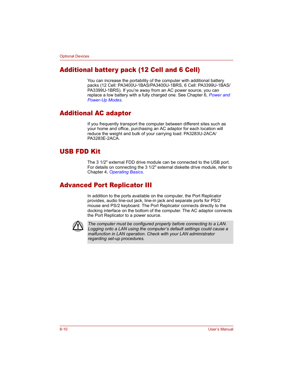 Additional battery pack (12 cell and 6 cell), Additional ac adaptor, Usb fdd kit | Advanced port replicator iii | Toshiba Tecra A4 (PTA40) User Manual | Page 144 / 204