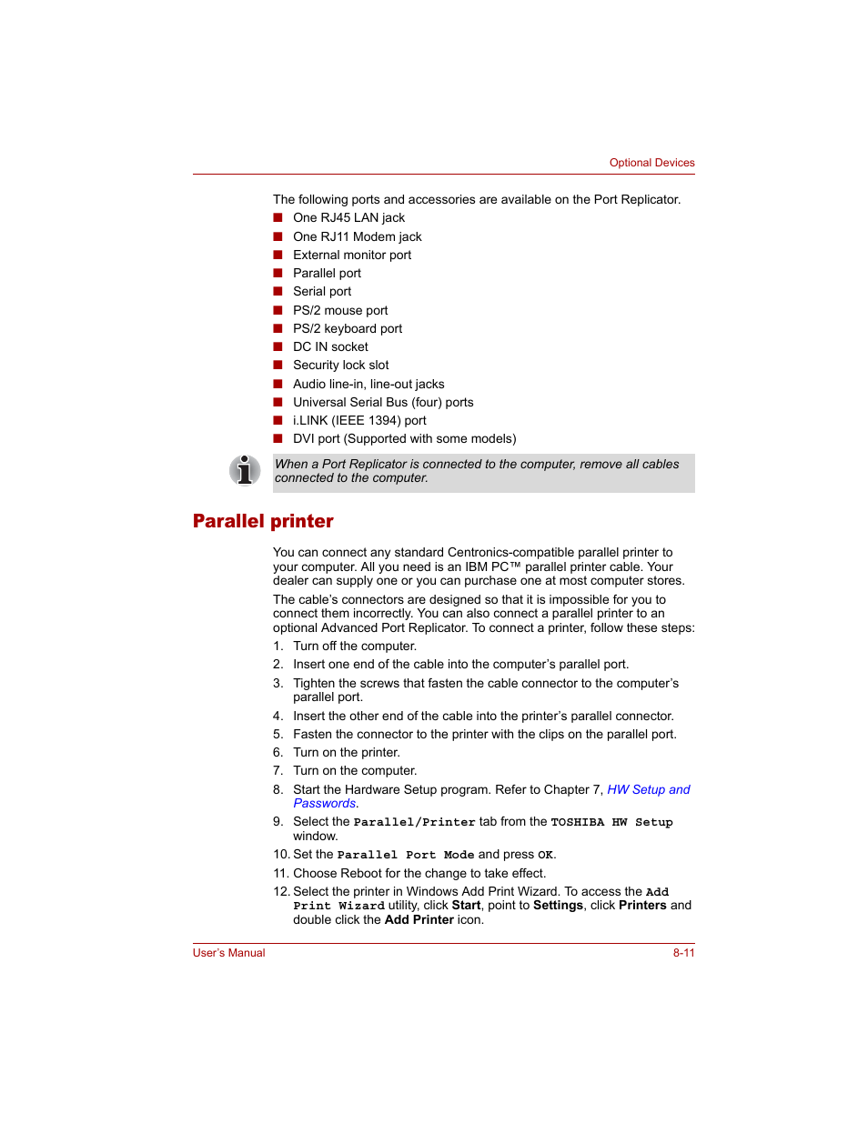 Parallel printer, Parallel printer -11 | Toshiba Tecra A4 (PTA40) User Manual | Page 145 / 204