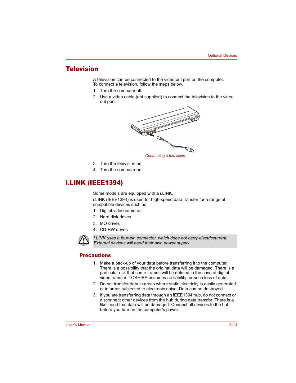 Television, I.link (ieee1394), Precautions | Television -13 i.link (ieee1394) -13, Precautions -13 | Toshiba Tecra A4 (PTA40) User Manual | Page 147 / 204