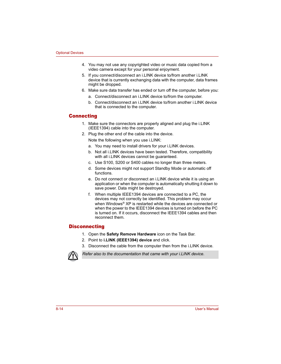 Connecting, Disconnecting, Connecting -14 disconnecting -14 | Toshiba Tecra A4 (PTA40) User Manual | Page 148 / 204