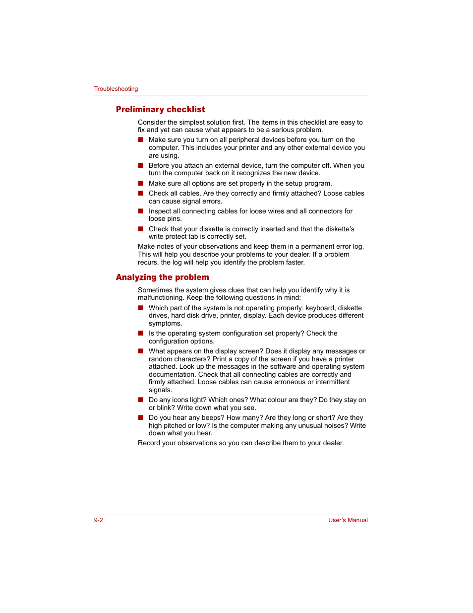 Preliminary checklist, Analyzing the problem, Preliminary checklist -2 analyzing the problem -2 | Toshiba Tecra A4 (PTA40) User Manual | Page 152 / 204