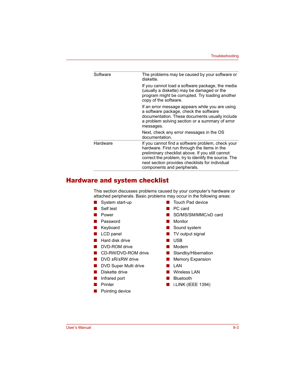 Hardware and system checklist, Hardware and system checklist -3 | Toshiba Tecra A4 (PTA40) User Manual | Page 153 / 204