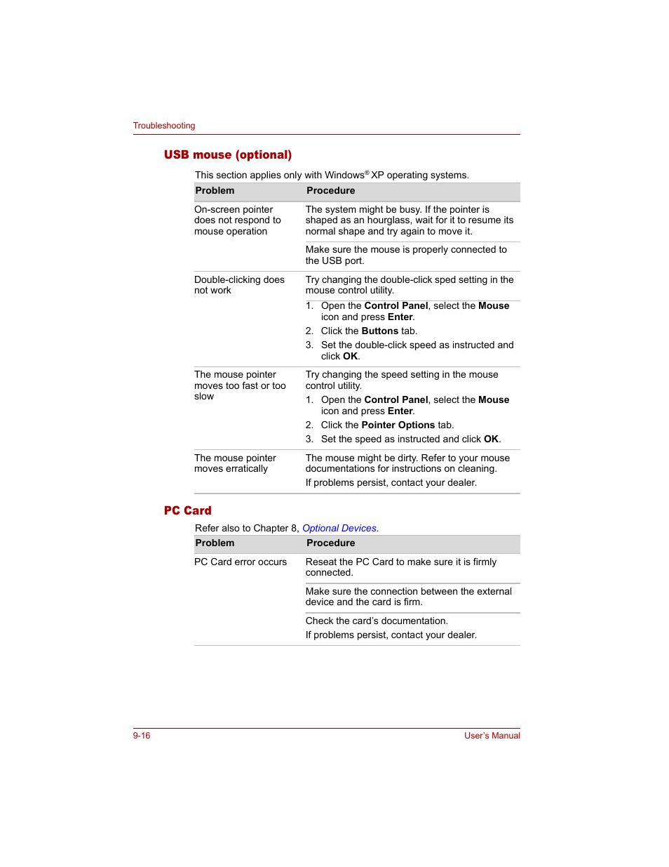 Usb mouse (optional), Pc card, Usb mouse (optional) -16 pc card -16 | Toshiba Tecra A4 (PTA40) User Manual | Page 166 / 204