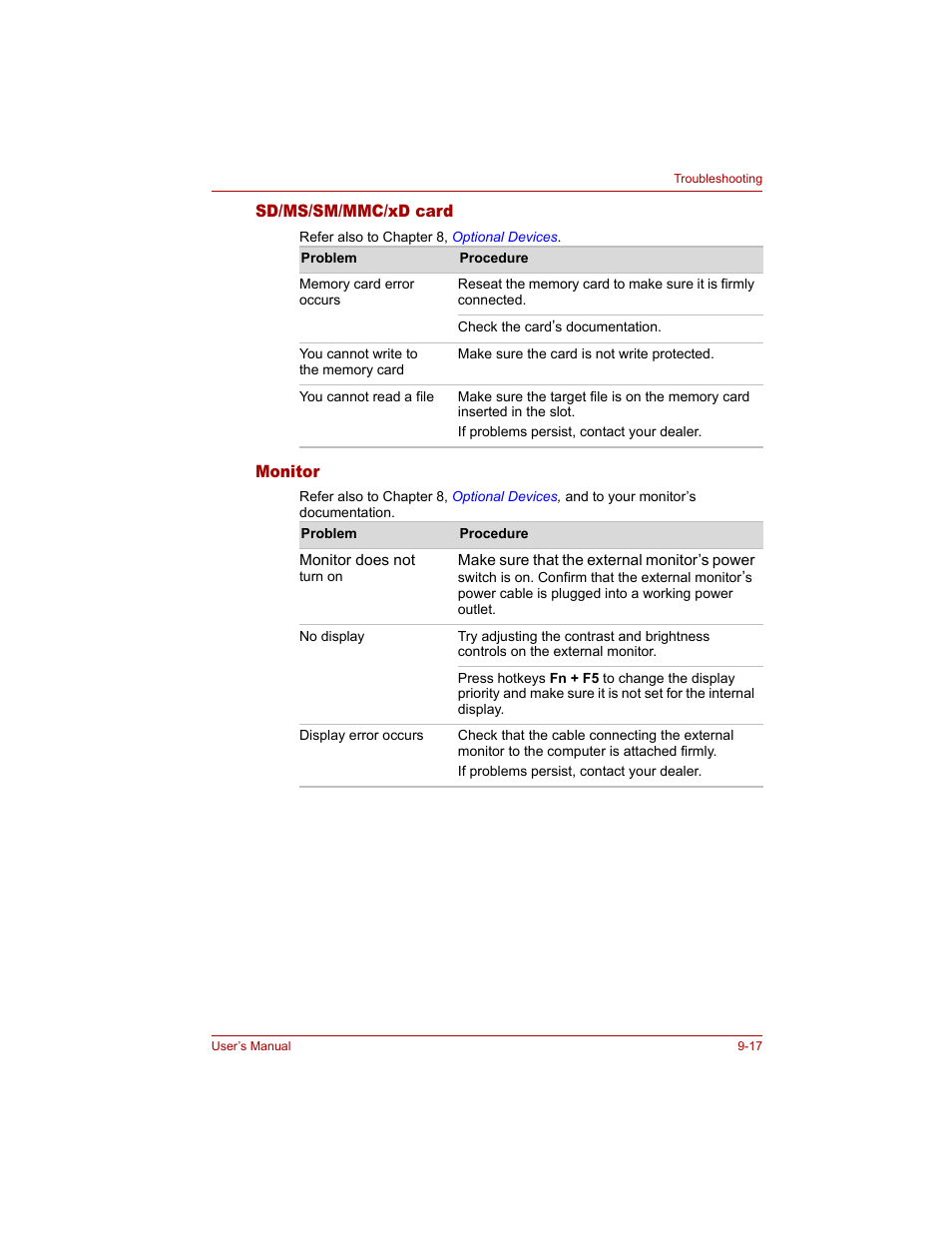 Sd/ms/sm/mmc/xd card, Monitor, Sd/ms/sm/mmc/xd card -17 monitor -17 | Toshiba Tecra A4 (PTA40) User Manual | Page 167 / 204