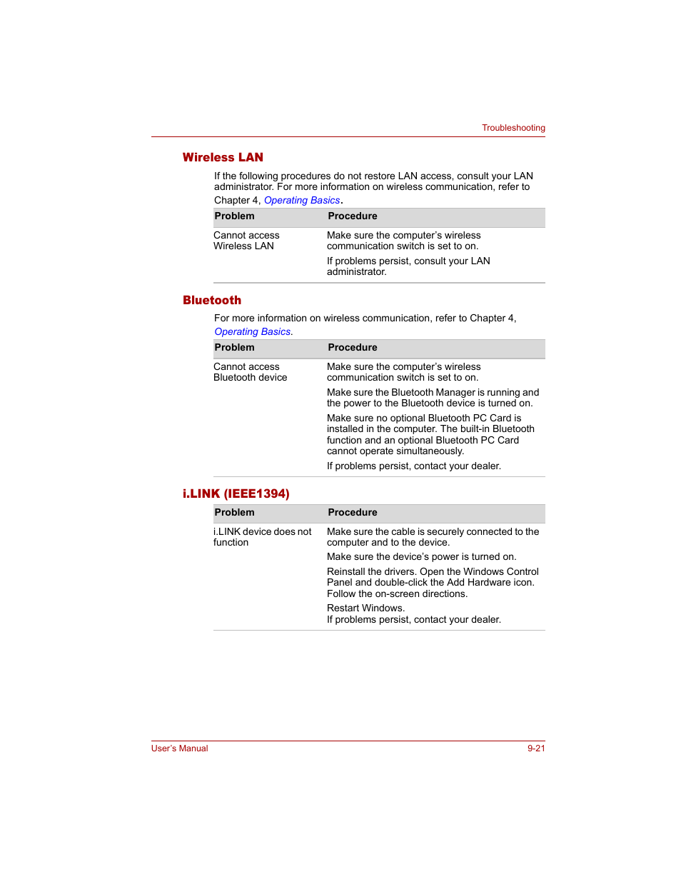 Wireless lan, Bluetooth, I.link (ieee1394) | Toshiba Tecra A4 (PTA40) User Manual | Page 171 / 204