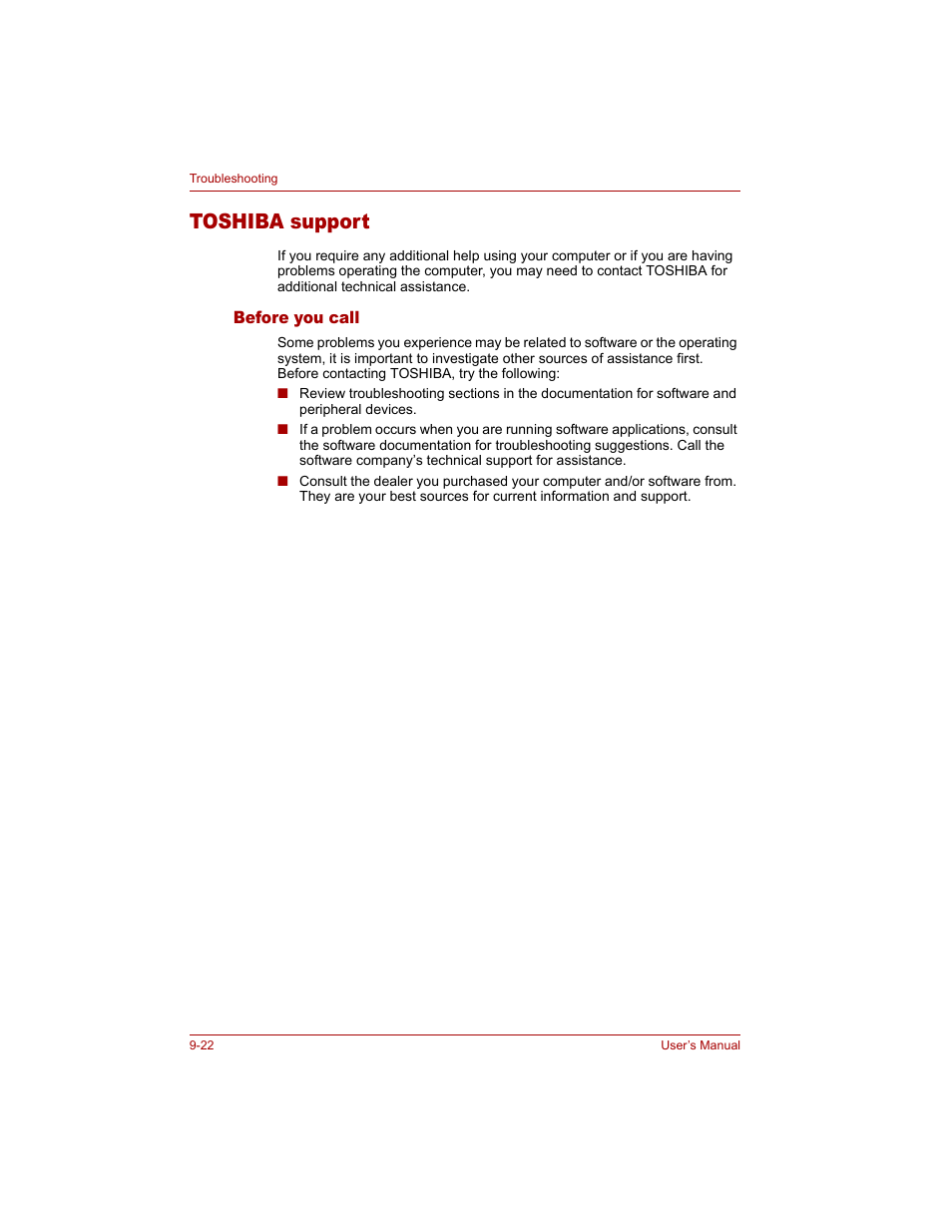 Toshiba support, Before you call, Toshiba support -22 | Before you call -22 | Toshiba Tecra A4 (PTA40) User Manual | Page 172 / 204