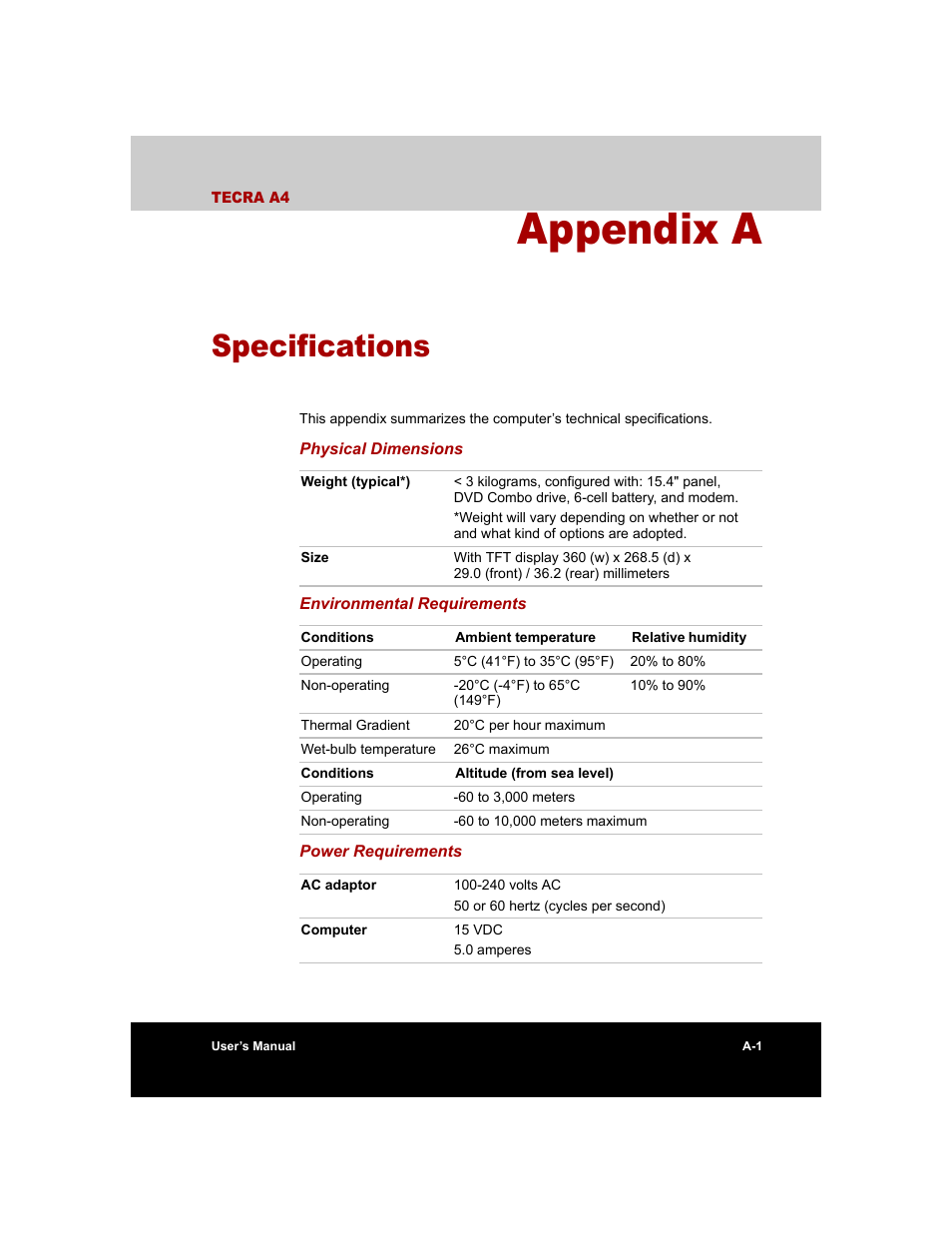 Appendix a - specifications, Appendix a, Specifications | Toshiba Tecra A4 (PTA40) User Manual | Page 173 / 204