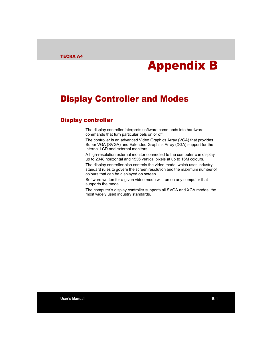 Appendix b - display controller and modes, Display controller, Appendix b | Display controller and modes | Toshiba Tecra A4 (PTA40) User Manual | Page 175 / 204