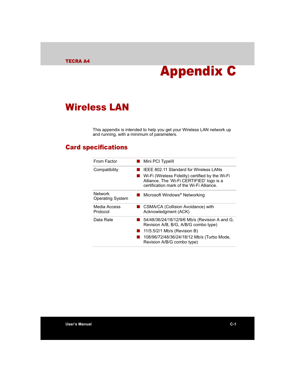 Appendix c - wireless lan, Card specifications, Appendix c | Wireless lan | Toshiba Tecra A4 (PTA40) User Manual | Page 177 / 204