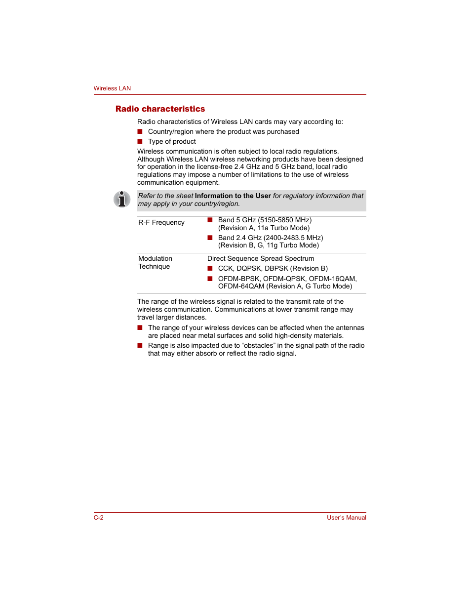 Radio characteristics | Toshiba Tecra A4 (PTA40) User Manual | Page 178 / 204