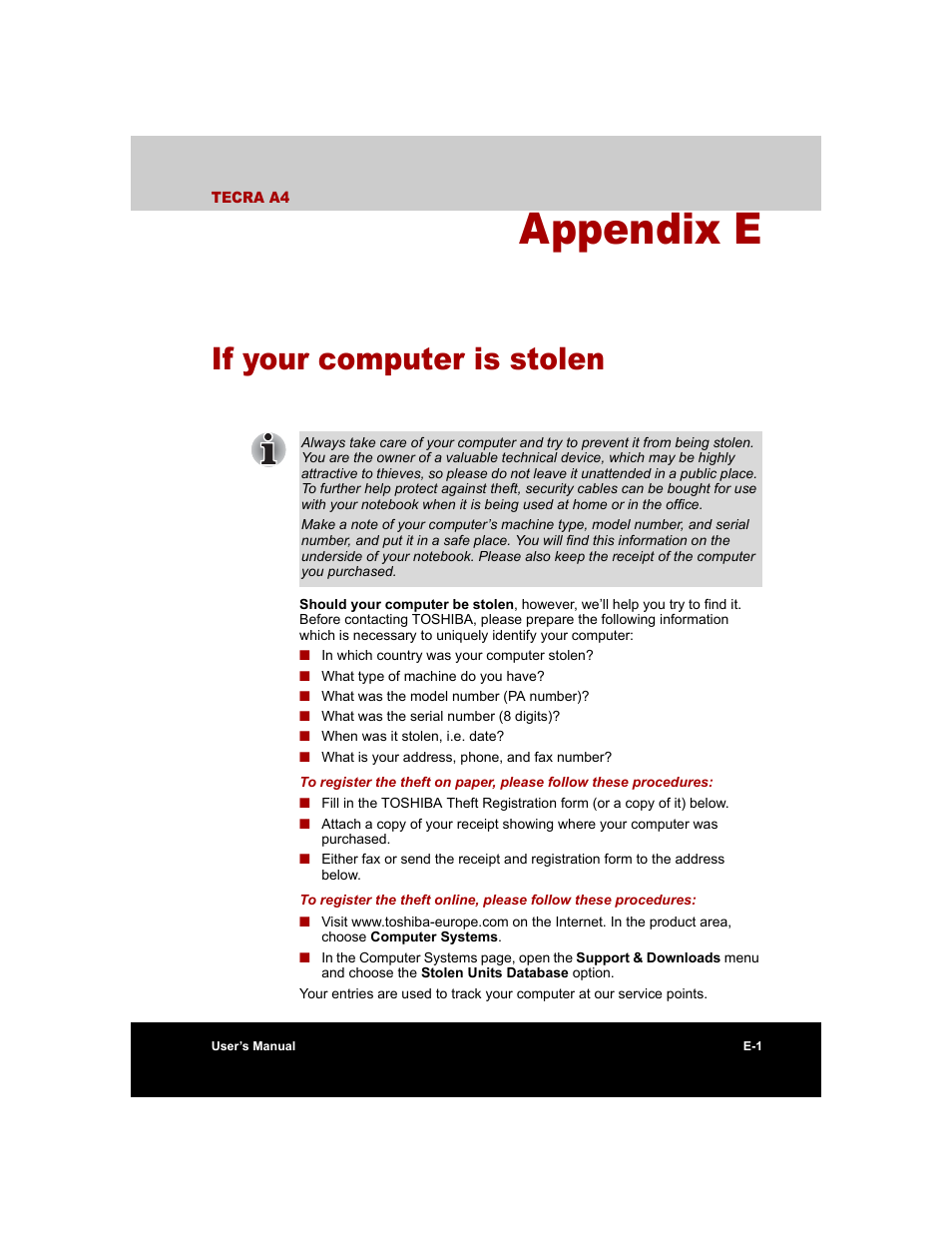 Appendix e - if your computer is stolen, Appendix e, If your computer is stolen | Toshiba Tecra A4 (PTA40) User Manual | Page 185 / 204