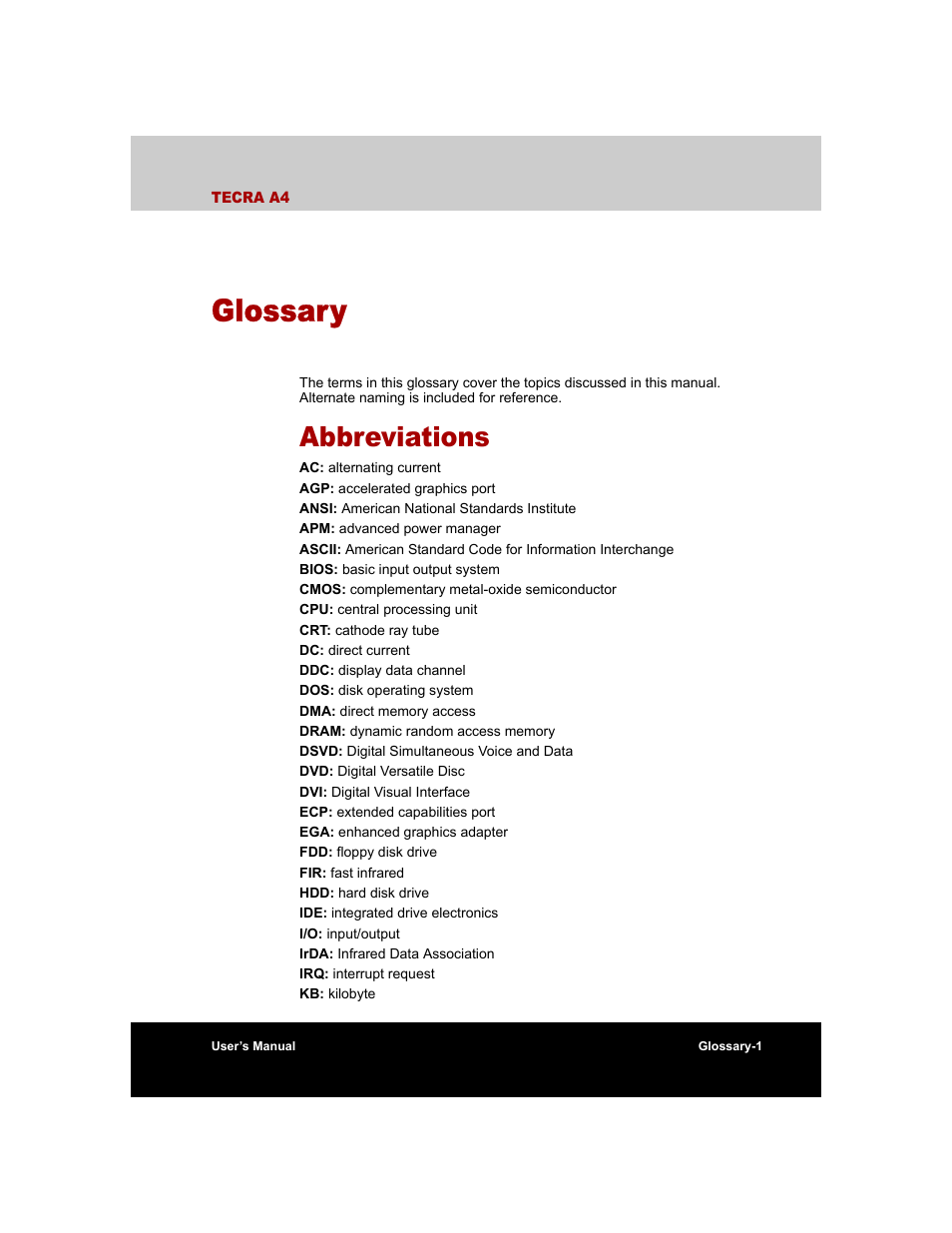 Glossary, Abbreviations | Toshiba Tecra A4 (PTA40) User Manual | Page 187 / 204