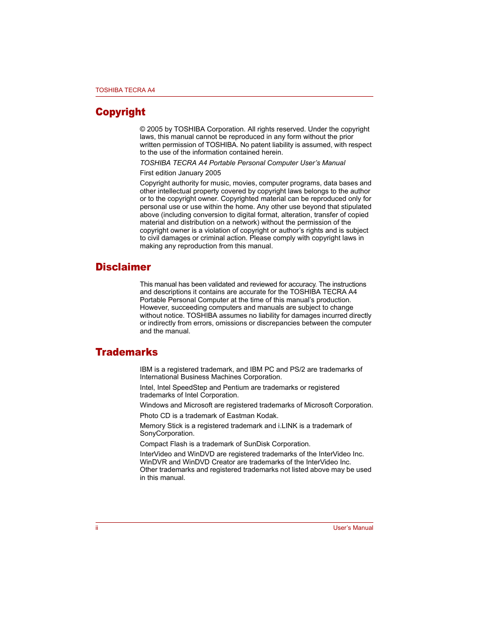 Copyright, Disclaimer, Trademarks | Toshiba Tecra A4 (PTA40) User Manual | Page 2 / 204