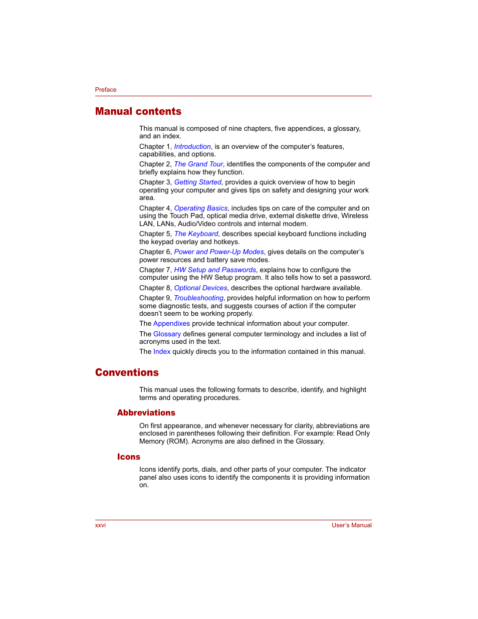 Manual contents, Conventions, Abbreviations | Icons | Toshiba Tecra A4 (PTA40) User Manual | Page 26 / 204