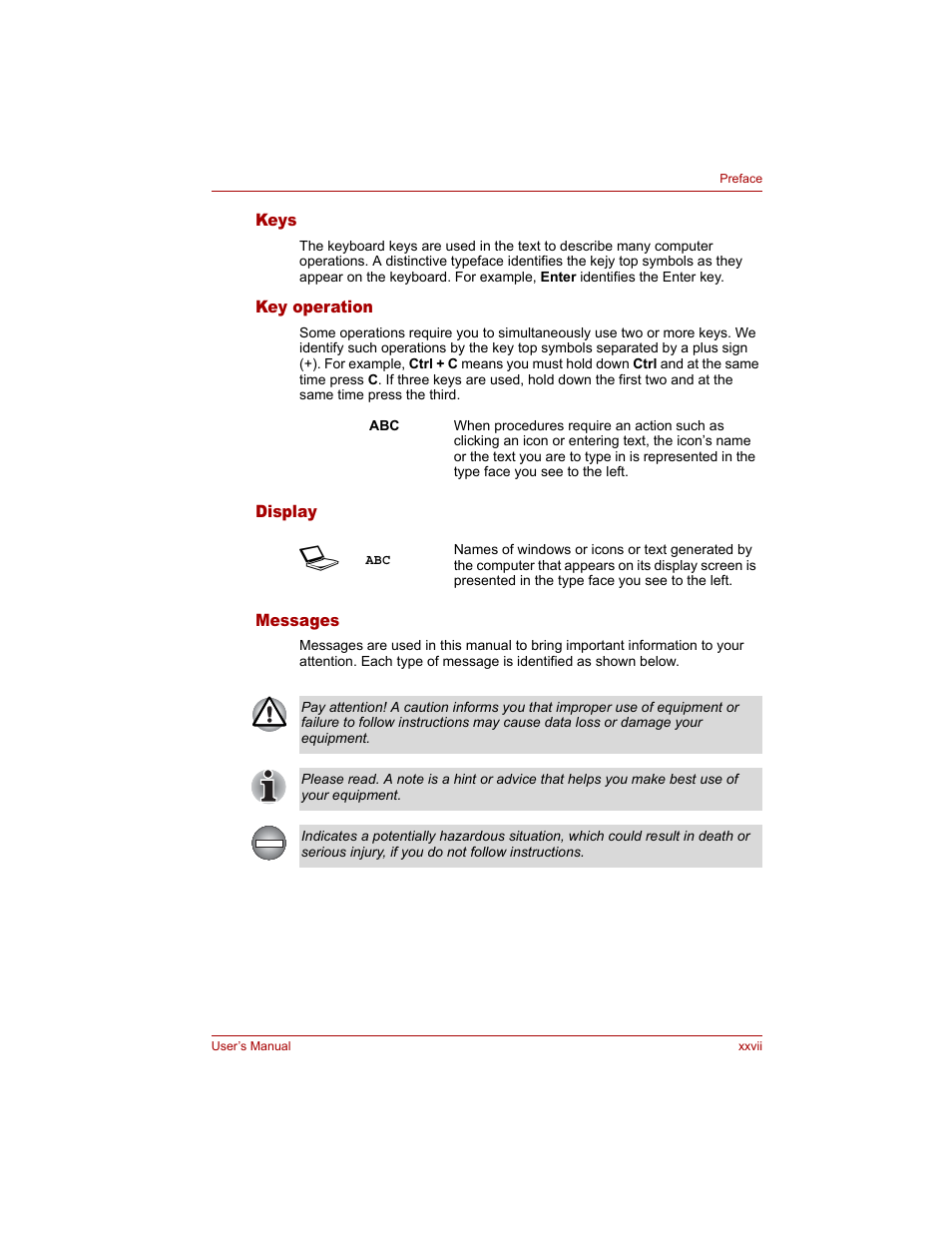 Keys, Key operation, Display | Messages | Toshiba Tecra A4 (PTA40) User Manual | Page 27 / 204