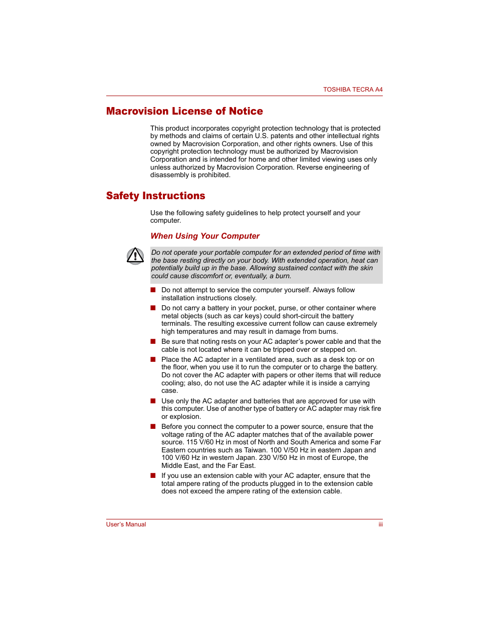 Macrovision license of notice, Safety instructions | Toshiba Tecra A4 (PTA40) User Manual | Page 3 / 204