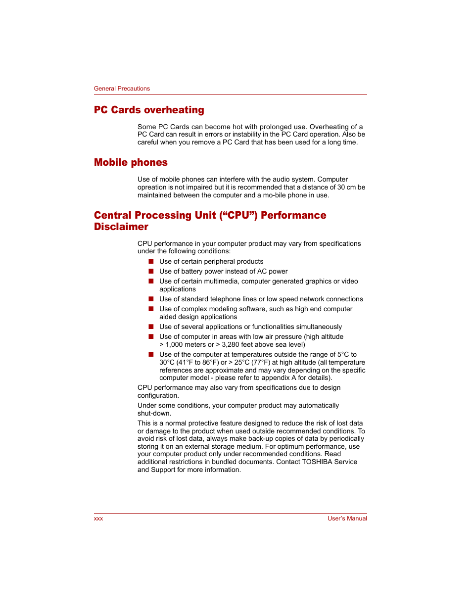 Pc cards overheating, Mobile phones | Toshiba Tecra A4 (PTA40) User Manual | Page 30 / 204