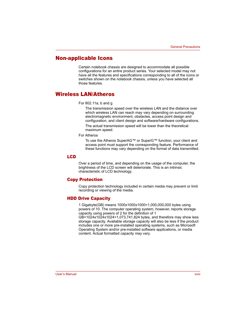 Non-applicable icons, Wireless lan/atheros, Copy protection | Hdd drive capacity | Toshiba Tecra A4 (PTA40) User Manual | Page 31 / 204