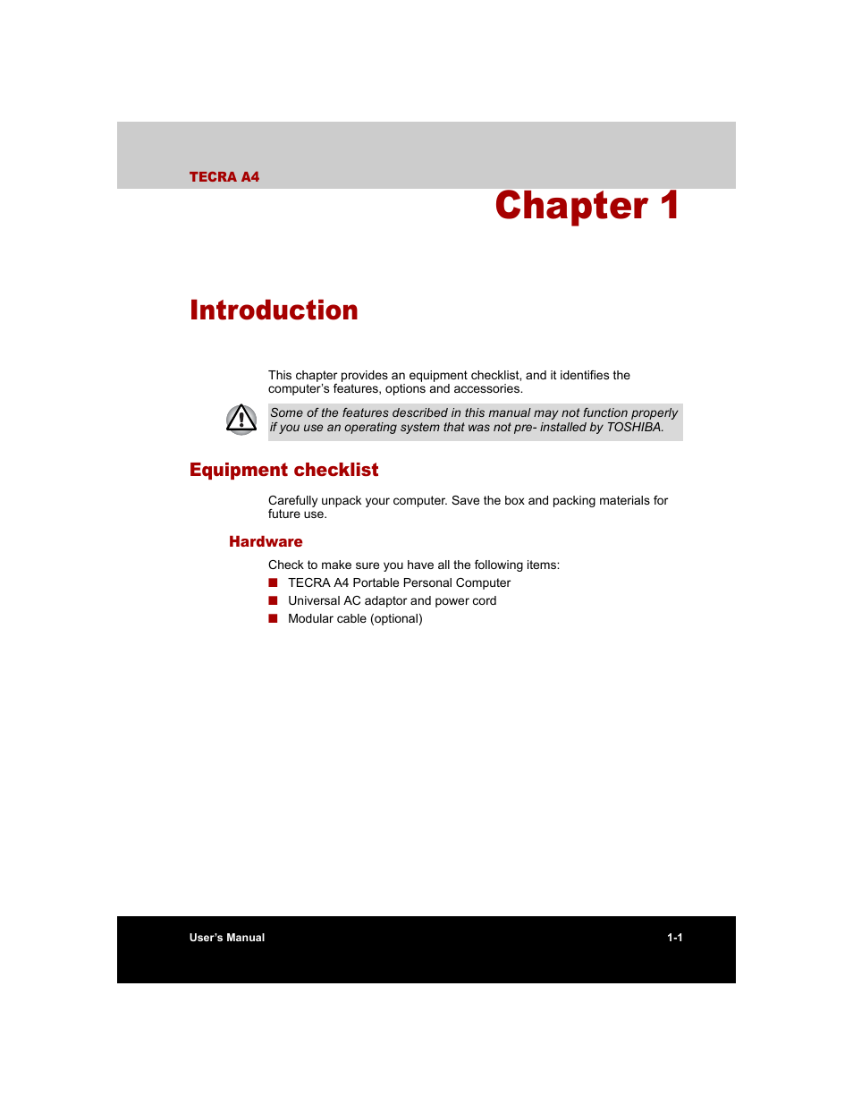 Chapter 1 - introduction, Equipment checklist, Hardware | Chapter 1, Introduction, Equipment checklist -1, Hardware -1, N of the, Is an overvie | Toshiba Tecra A4 (PTA40) User Manual | Page 33 / 204