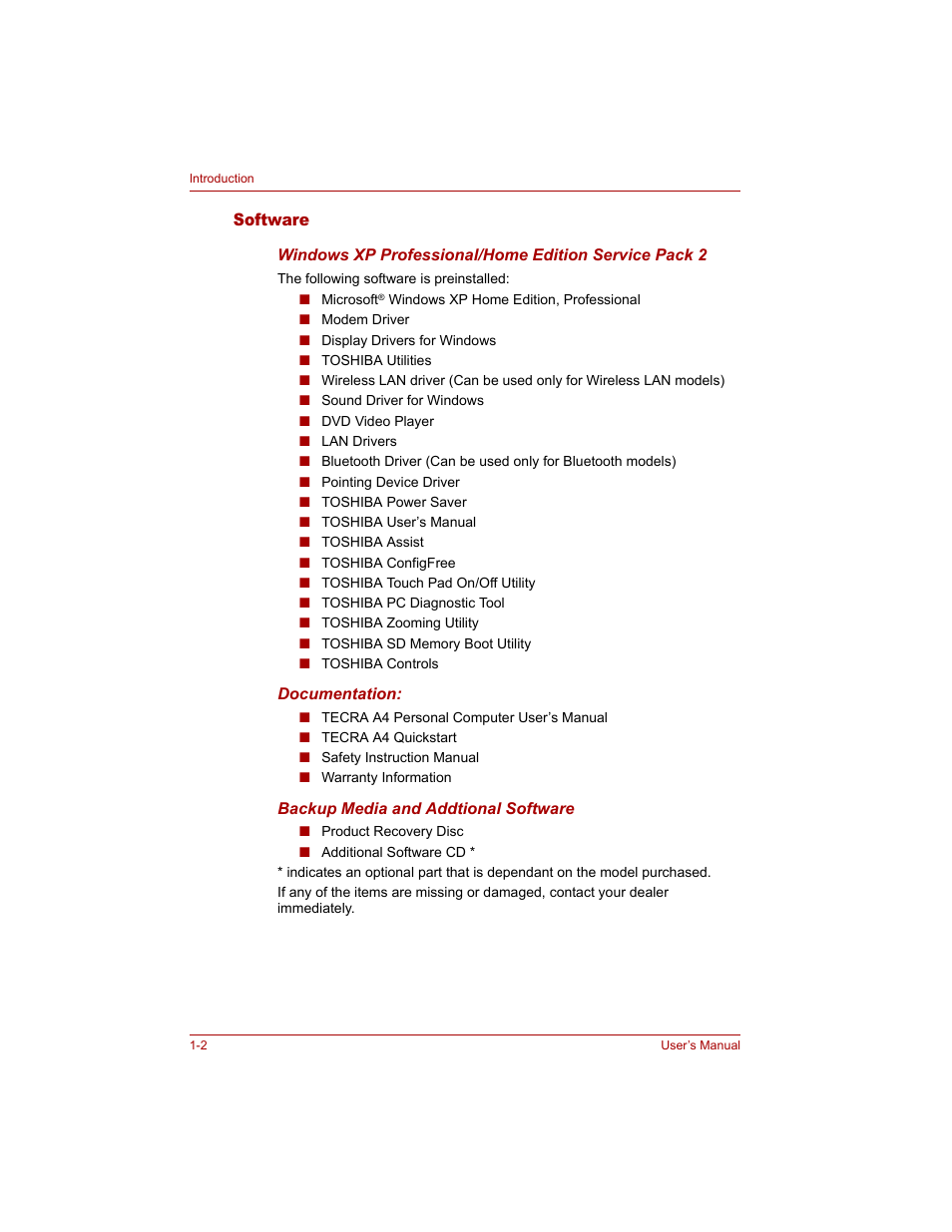 Software, Software -2 | Toshiba Tecra A4 (PTA40) User Manual | Page 34 / 204