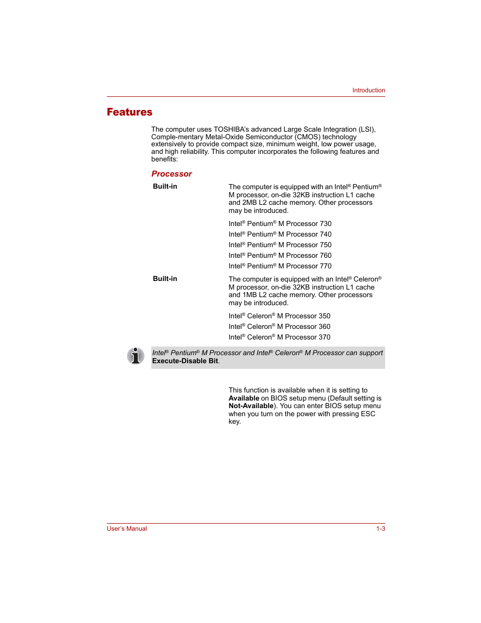 Features, Features -3, Processor | Toshiba Tecra A4 (PTA40) User Manual | Page 35 / 204