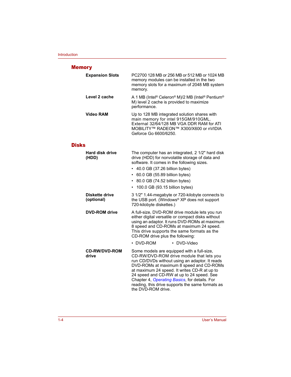 Memory, Disks, Memory -4 disks -4 | Toshiba Tecra A4 (PTA40) User Manual | Page 36 / 204