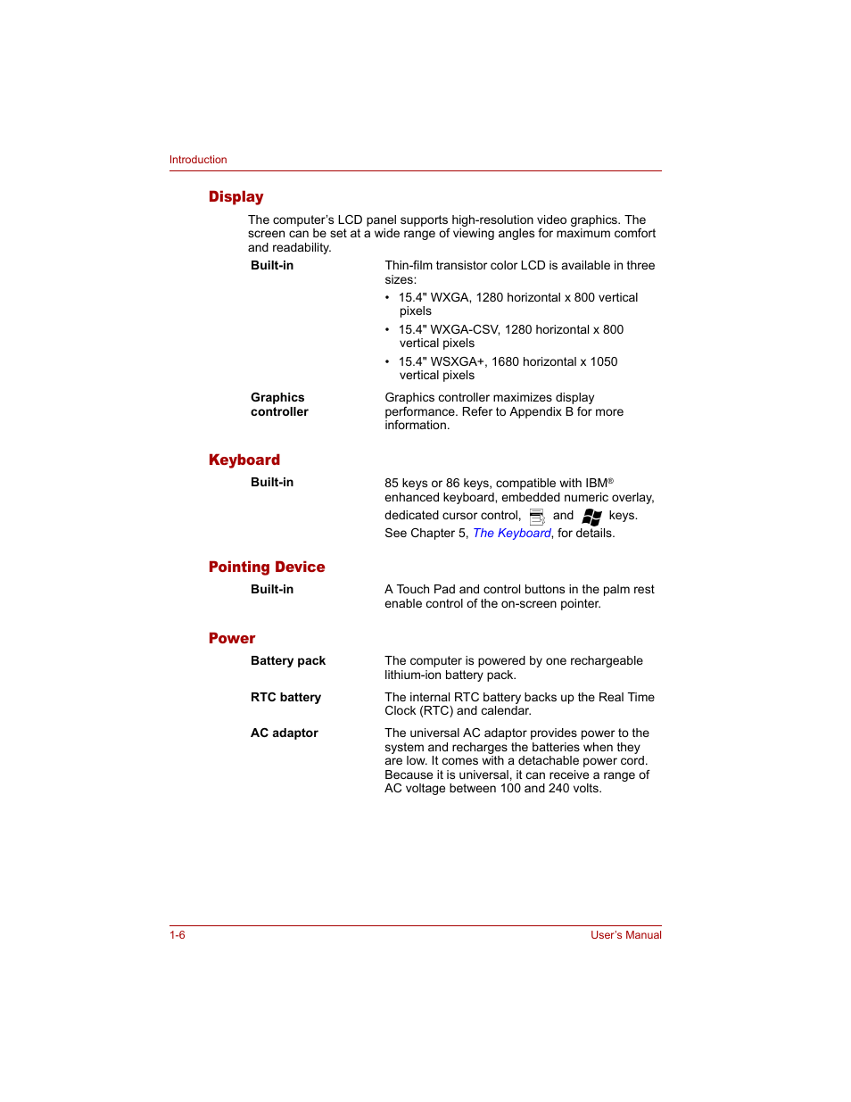 Display, Keyboard, Pointing device | Power, Display -6 keyboard -6 pointing device -6 power -6 | Toshiba Tecra A4 (PTA40) User Manual | Page 38 / 204