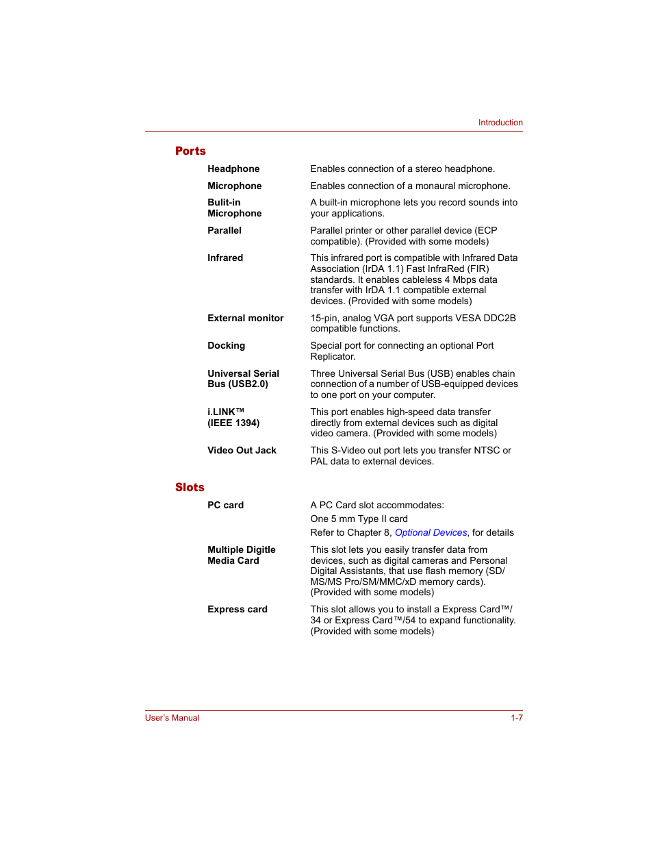 Ports, Slots, Ports -7 slots -7 | Toshiba Tecra A4 (PTA40) User Manual | Page 39 / 204