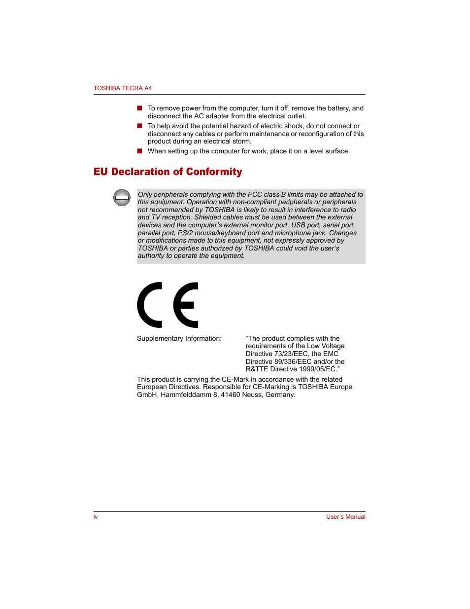 Eu declaration of conformity | Toshiba Tecra A4 (PTA40) User Manual | Page 4 / 204