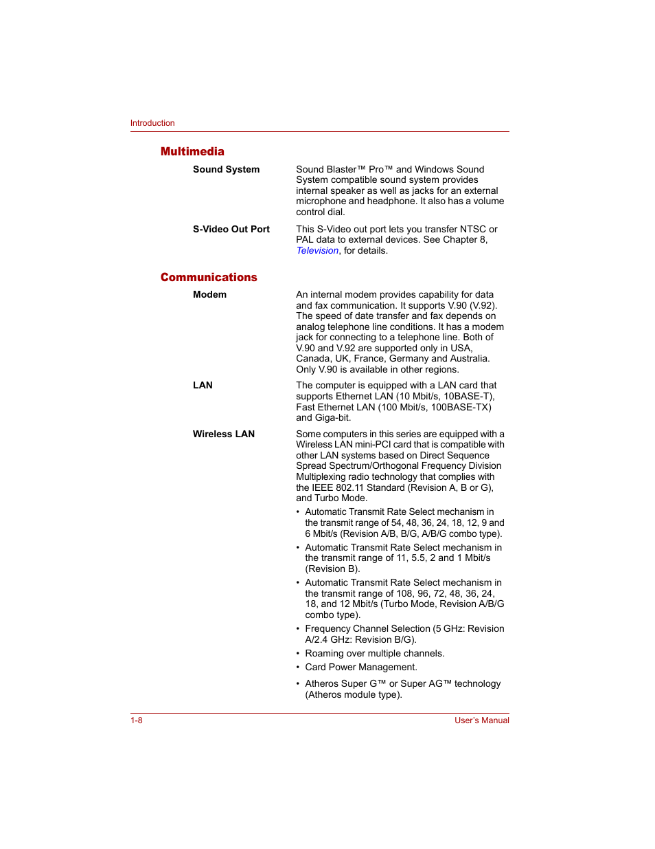 Multimedia, Communications, Multimedia -8 communications -8 | Toshiba Tecra A4 (PTA40) User Manual | Page 40 / 204