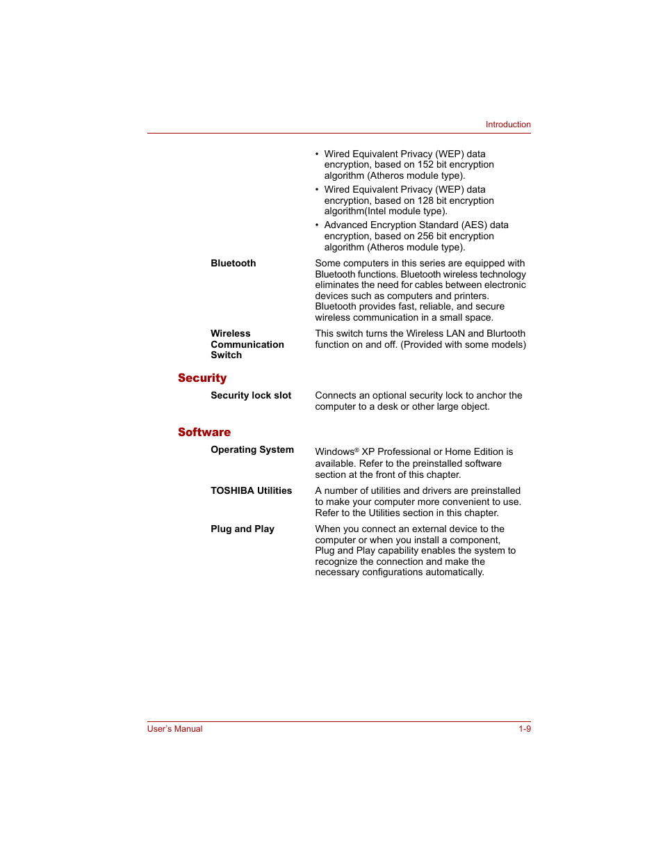 Security, Software, Security -9 software -9 | Toshiba Tecra A4 (PTA40) User Manual | Page 41 / 204