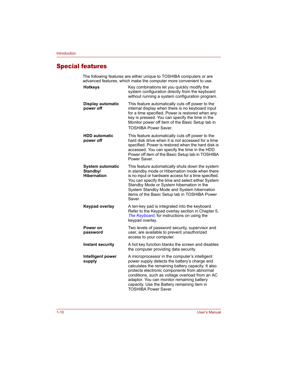 Special features, Special features -10 | Toshiba Tecra A4 (PTA40) User Manual | Page 42 / 204