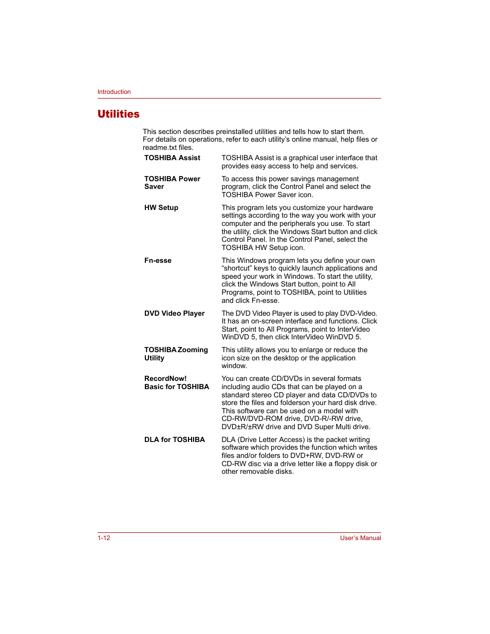 Utilities, Utilities -12 | Toshiba Tecra A4 (PTA40) User Manual | Page 44 / 204