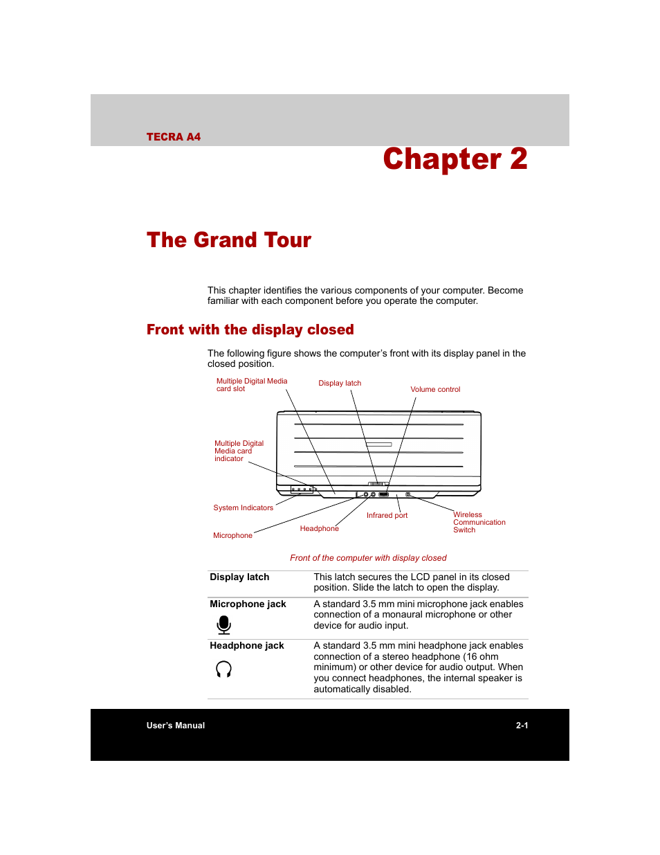 Chapter 2 - the grand tour, Front with the display closed, Chapter 2 | The grand tour, Front with the display closed -1 | Toshiba Tecra A4 (PTA40) User Manual | Page 47 / 204