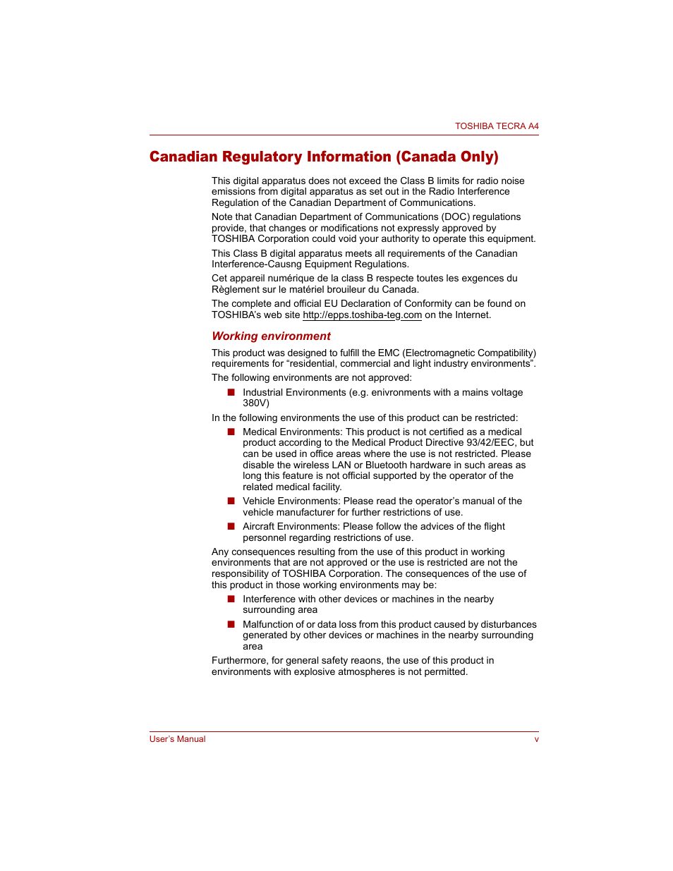 Canadian regulatory information (canada only) | Toshiba Tecra A4 (PTA40) User Manual | Page 5 / 204