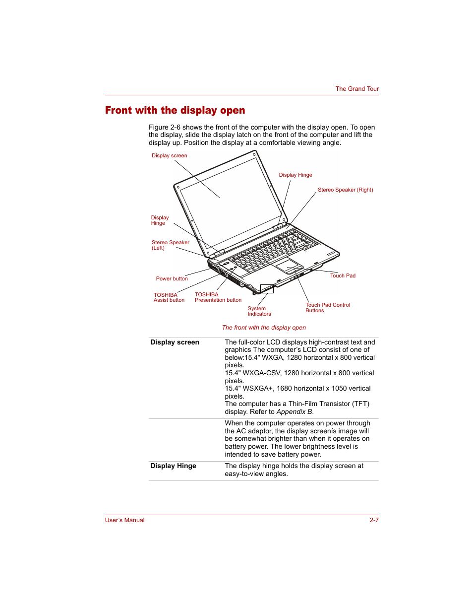 Front with the display open, Front with the display open -7 | Toshiba Tecra A4 (PTA40) User Manual | Page 53 / 204