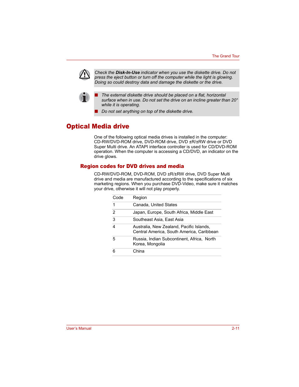 Optical media drive, Region codes for dvd drives and media, Optical media drive -11 | Region codes for dvd drives and media -11 | Toshiba Tecra A4 (PTA40) User Manual | Page 57 / 204