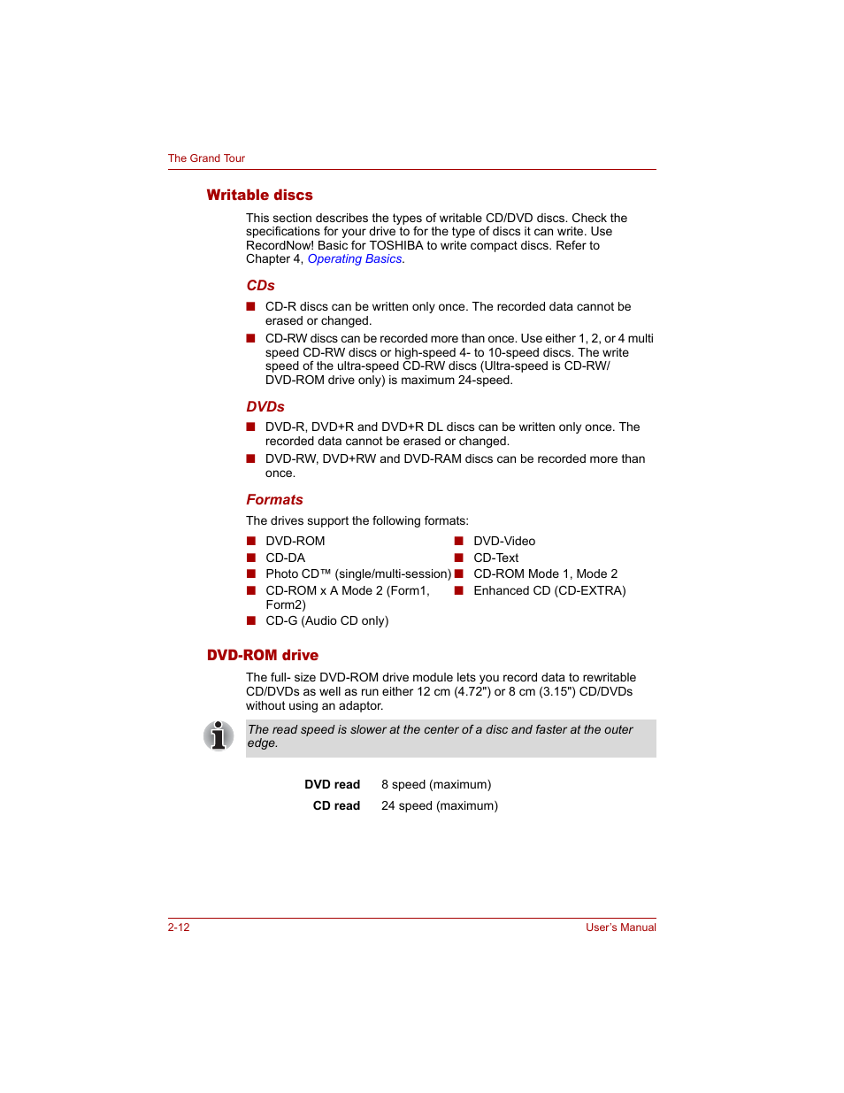 Writable discs, Dvd-rom drive, Writable discs -12 dvd-rom drive -12 | Toshiba Tecra A4 (PTA40) User Manual | Page 58 / 204