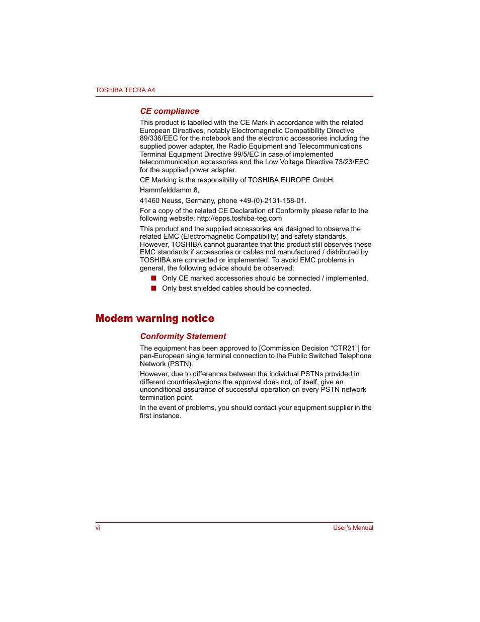 Modem warning notice | Toshiba Tecra A4 (PTA40) User Manual | Page 6 / 204