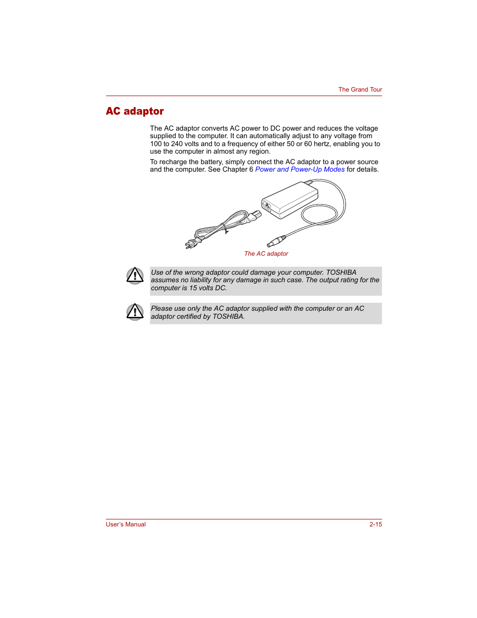 Ac adaptor, Ac adaptor -15 | Toshiba Tecra A4 (PTA40) User Manual | Page 61 / 204