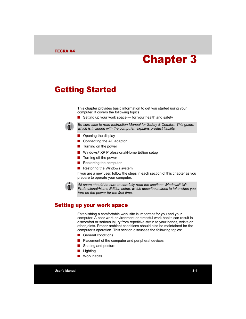 Chapter 3 - getting started, Setting up your work space, Chapter 3 | Getting started, Setting up your work space -1, For step-by-step instruct | Toshiba Tecra A4 (PTA40) User Manual | Page 63 / 204