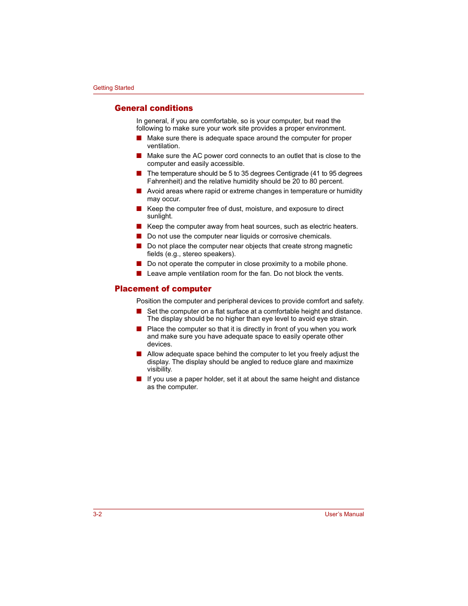 General conditions, Placement of computer, General conditions -2 placement of computer -2 | Toshiba Tecra A4 (PTA40) User Manual | Page 64 / 204