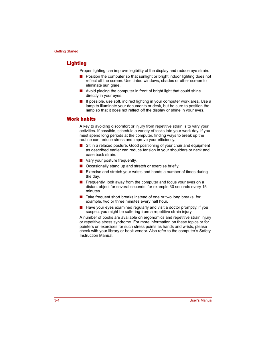 Lighting, Work habits, Lighting -4 work habits -4 | Toshiba Tecra A4 (PTA40) User Manual | Page 66 / 204