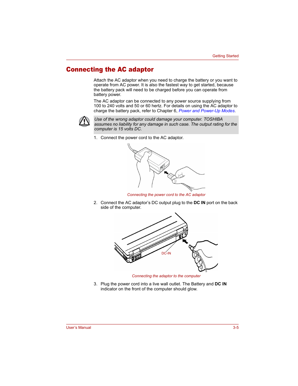 Connecting the ac adaptor, Connecting the ac adaptor -5 | Toshiba Tecra A4 (PTA40) User Manual | Page 67 / 204