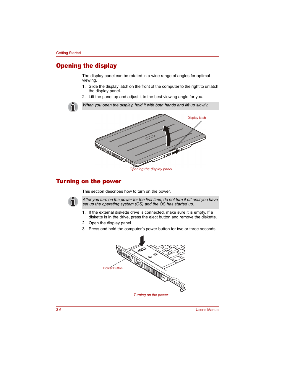 Opening the display, Turning on the power, Opening the display -6 turning on the power -6 | Toshiba Tecra A4 (PTA40) User Manual | Page 68 / 204